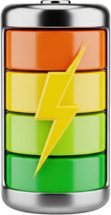 Stacked colored battery levels from orange to green with a yellow lightning bolt symbol indicating power transparent background