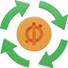 A yellow coin with a currency symbol and four green circulating arrows rotate isolate