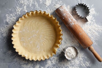 Rolling Pin and Pie Crust Preparation on a Flour-Dusted Surface