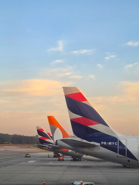 Tails of Brazilian airline planes on the apron of S&atilde;o Paulo International Airport