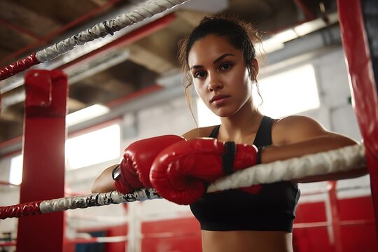 Strong female boxer resting on the ropes in the ring, showcasing power and determination