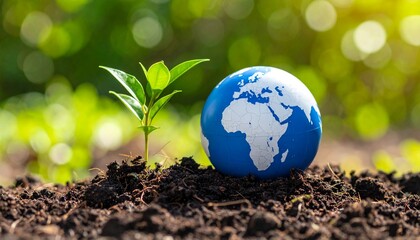 Miniature earth nestled in soil with growing green plant. Sustainable development and ecological awareness. Place for text