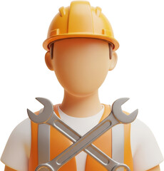Stylized construction worker with crossed wrenches wearing hard hat and safety vest transparent background