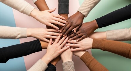 Photo of a diverse group of hands come together in a show of unity and collaboration, symbolizing teamwork and community support