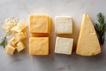 Assorted Cheeses on Marble Background with Herbs and Garnishes