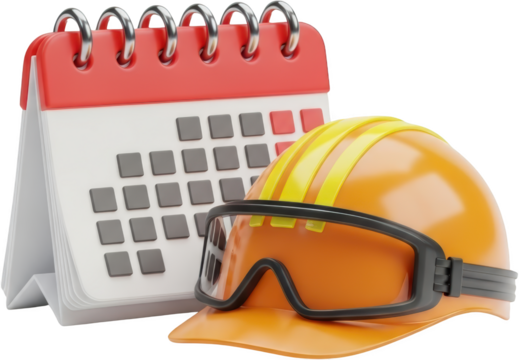 3D render of construction hard hat and safety goggles placed next to an open calendar with red accents transparent background