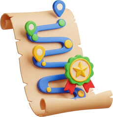 Stylized 3D map with a winding path location pins and a star achievement medal isolate