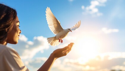 A person releasing a white dove into the sky, as a gesture of peace. Copy space.