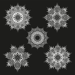 Starburst geometric elements. Radial pattern Vector. Abstract decorative illustration. Dark background set.