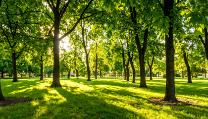 Sunlit Green Forest Landscape with Lush Trees and Grass