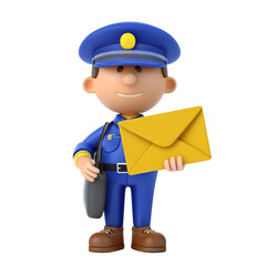 3D cheerful cartoon postman proudly delivers a yellow envelope