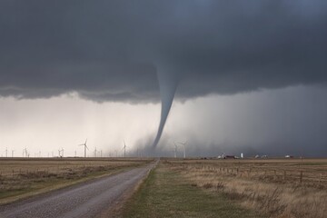 Dramatic Tornado Landscape A powerful and destructive tornado stretches towards the ground.