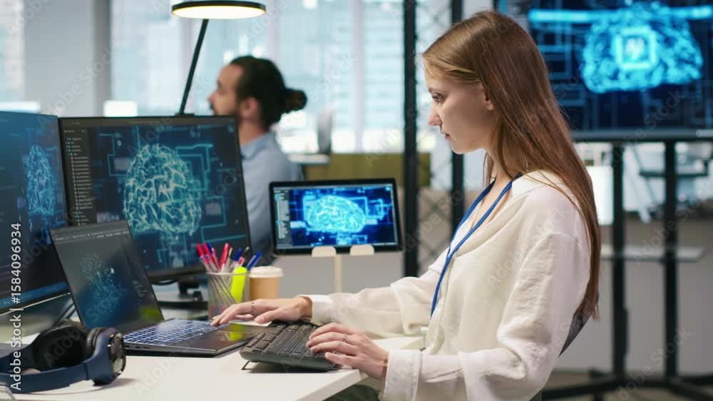Poster junior dev in office relies on ai tech to run tasks across multiple devices, monitoring progress on 