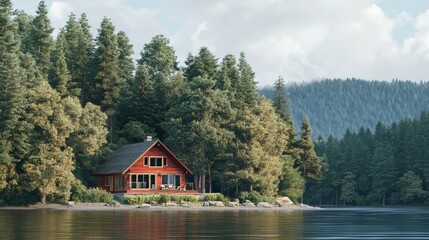 Fototapeta premium Red house on the lake shore surrounded by trees