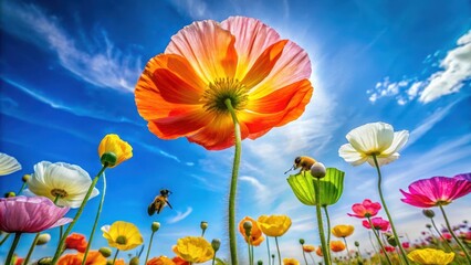 Obraz premium Vibrant Poppy Field Under a Summer Sky with Busy Bees