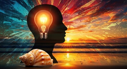 Photo of a lightbulb illuminates a silhouette of a head against a sunset beach, symbolizing a bright idea