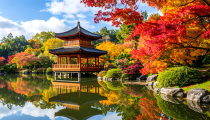 Fototapeta premium Autumn Japanese Garden Pagoda with Vibrant Red Maple Leaves Reflected in Pond