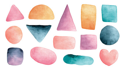 Abstract Watercolor Shapes Set on Transparent Backdrop in Pink Orange Purple and Blue Geometric Design Elements Triangle Circle Rectangle and Heart, PNG