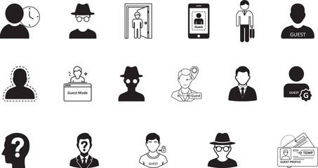 Guest Access, Incognito Identity, Visitor Badge, Unknown User, Temporary Login – Black & White User Role Icon Set Mobile