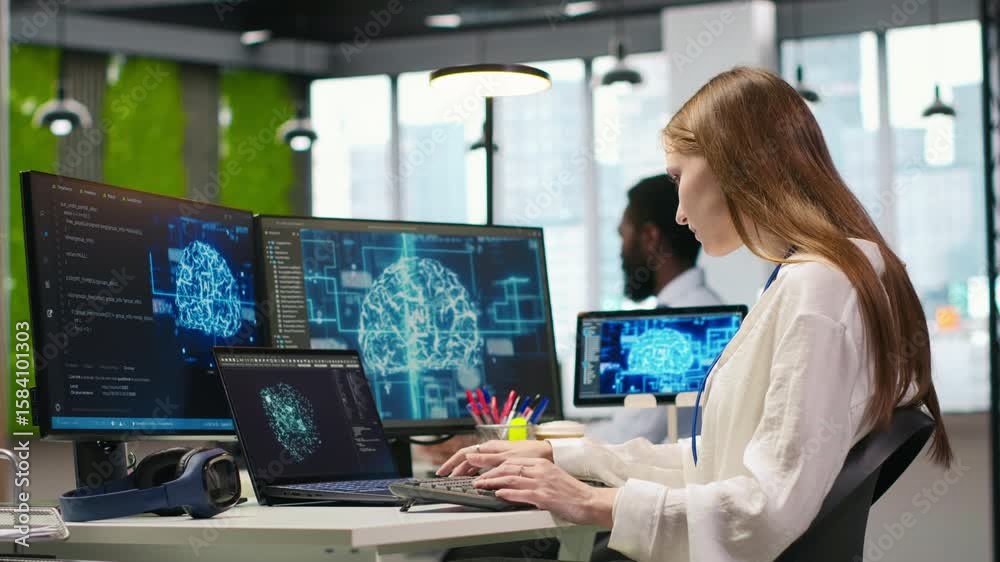 Poster junior developer in office integrating ai machine learning systems to streamline workflows. young em
