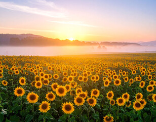 Fototapeta premium Dreamy Sunflower Field Glowing in the Golden Hour Light