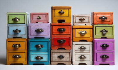 Colorful miniature wooden drawers arranged in stacks