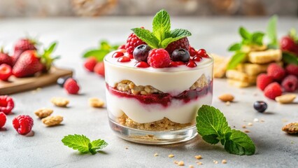 Delightful layered dessert parfait with creamy yogurt, berry compote, and crunchy granola, garnished with fresh mint and assorted berries