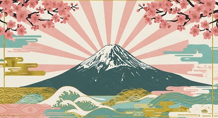 Vintage Japanese Landscape with Mount Fuji Waves Cherry Blossoms and Rising Sun Rays in Pastel Colors Illustration
