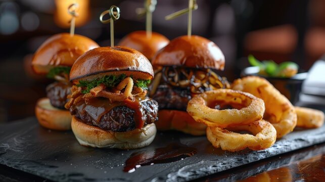 A gourmet platter features delicious mini-burgers, or sliders, garnished with microgreens, alongside crispy onion rings. The dish is elegantly presented on a dark slate board, perfect for sharing