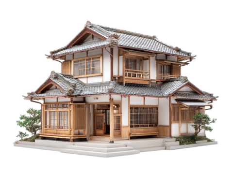 Architectural Model Of Traditional Japanese House with Intricate Details White Walls and Wooden Beams Against Transparent Background, PNG