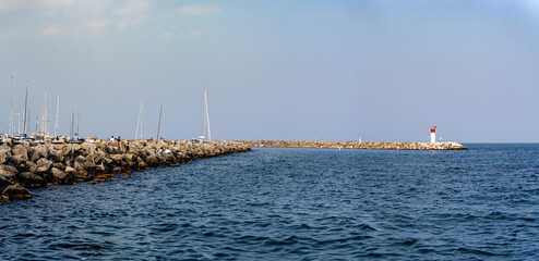Panoramic view of Bronte Harbor Lighthouse in Oakville.