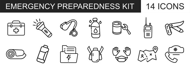 An "Emergency Preparedness Kit" icon set features 14 outline icons including a first aid kit, flashlight, whistle, water, food, radio, and maps.