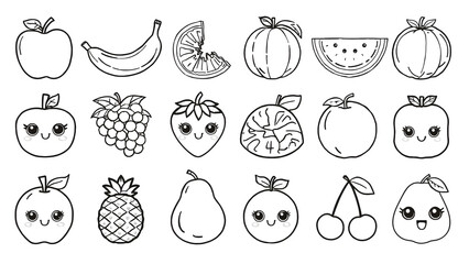Fototapeta premium Cute cartoon line drawings of various fruits, including apples, bananas, oranges, and more, ready for coloring.
