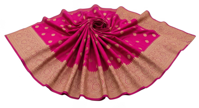 Vibrant pink silk saree with intricate gold paisley border and motifs isolated on transparent background - Powered by Adobe