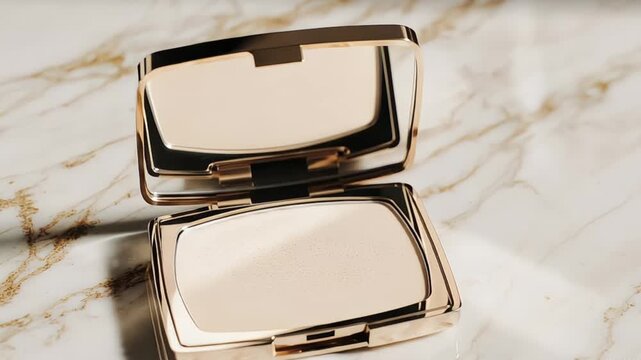 Open compact powder case on marble table in soft, natural light
