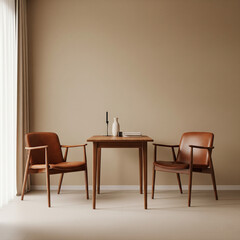 table with two brown chairs, beige background