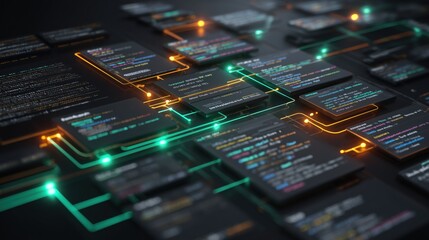 AI Code Flow with Connected Syntax Blocks and Glowing Nodes