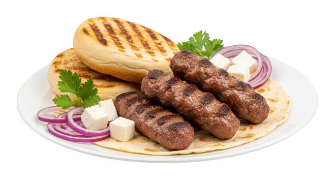 Grilled cevapi with flatbread cheese and onion isolated on transparent background
