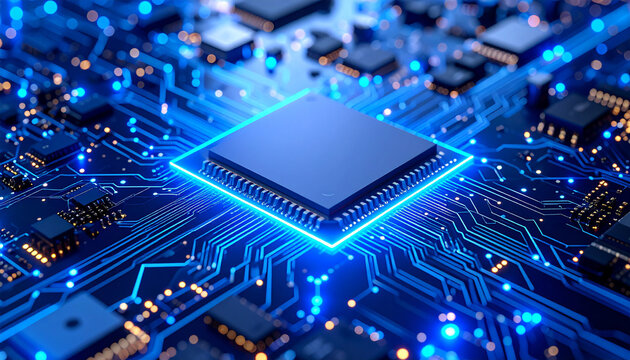 Digital Brain: Illustrating the heart of modern technology with a close-up view of a cutting-edge computer chip, emitting a vibrant glow.