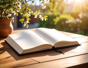 Cuaderno abierto con p&aacute;ginas en blanco sobre mesa de madera, luz natural