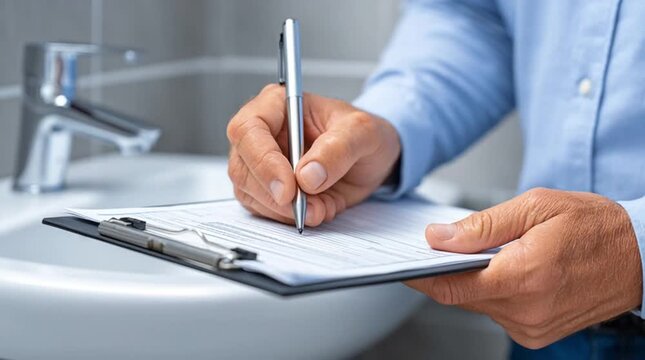 Professional technician or inspector writing notes on a clipboard during a home service visit or plumbing assessment