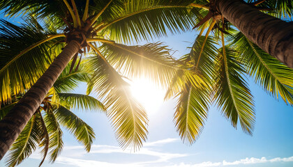 Fototapeta premium Bright Sunlight Through Lush Palm Trees on a Tropical Beach