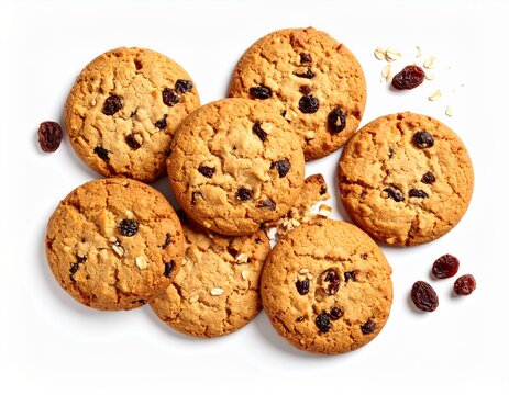 Galletas de avena y pasas doradas y amontonadas sobre fondo blanco con iluminaci&oacute;n profesional