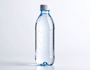 Naklejka premium Botella de agua con gotas de condensación sobre fondo blanco