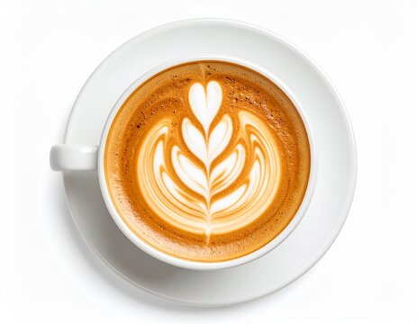 Caf&eacute; con latte art en taza blanca visto desde arriba