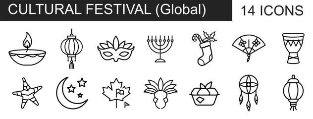 A set of 14 linear icons representing various global cultural festivals and celebrations, featuring diverse traditional symbols and items.