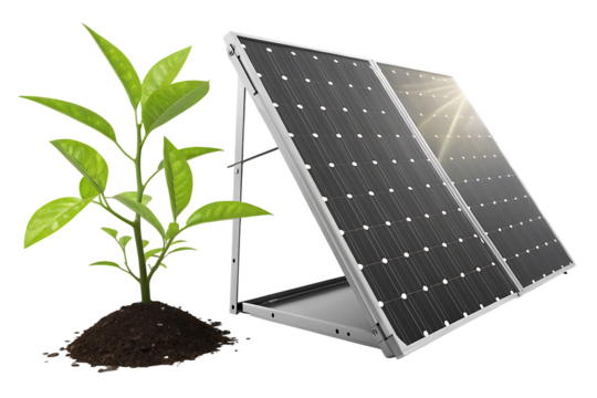 Green seedling growing next to a tilted solar panel array with sun rays isolated on a transparent background - Powered by Adobe