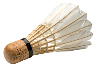 Close up of a white feather shuttlecock with a cork base and string binding isolated on a transparent background 1