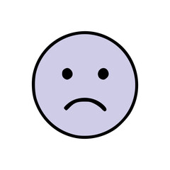 Flat vector of unhappy emotion icon with lilac face, simple black facial features, on white background