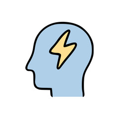 Flat vector of side-facing head in light blue with electric flash symbol, bold outlines, white background
